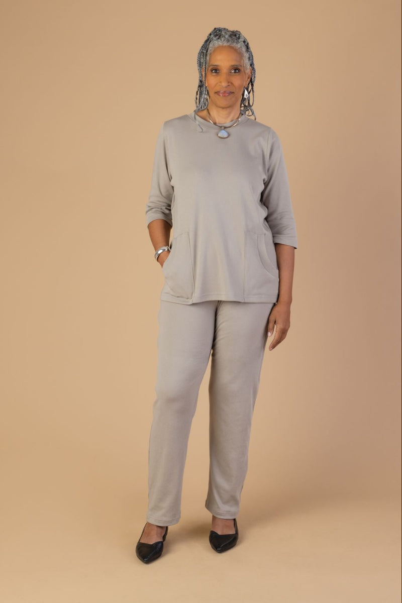 Women's Cotton/Poly Knit Pants by Buck & Buck in Taupe, and available in different sizes. This bottoms item is part of our trousers collection.