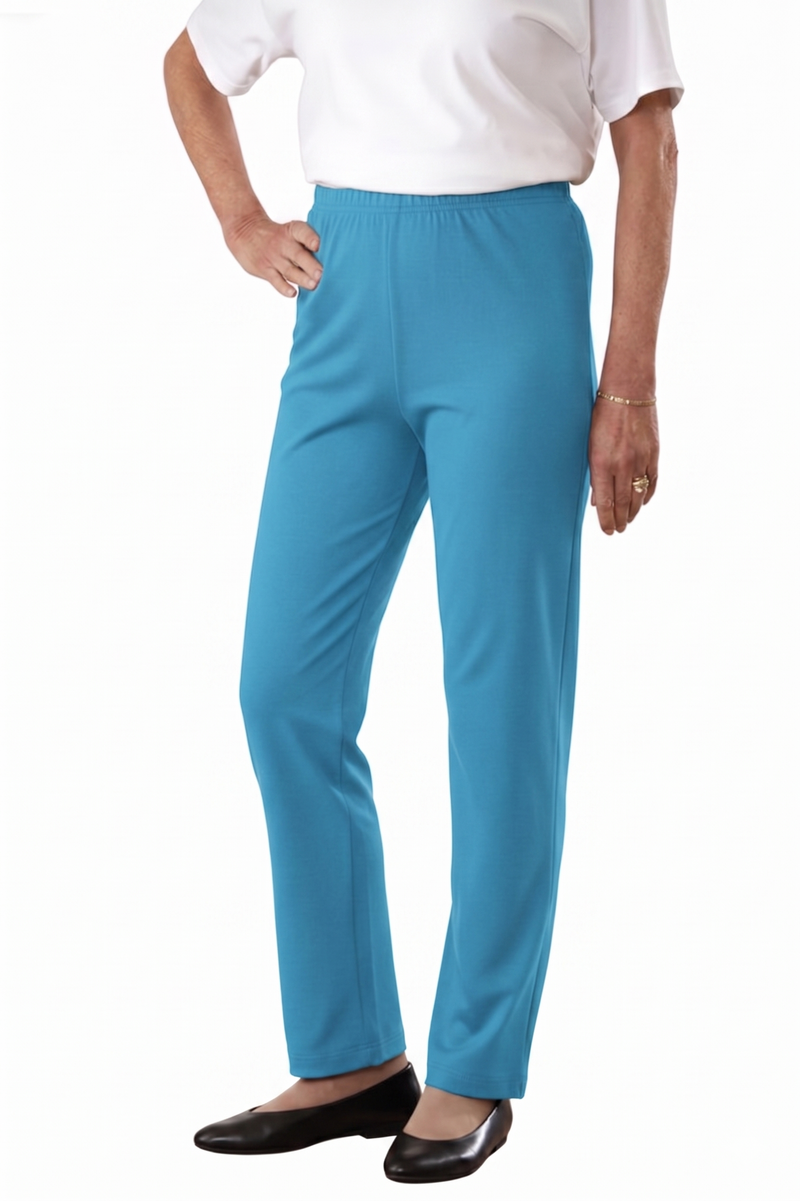 Women's Cotton/Poly Knit Pants by Buck & Buck in turquoise, and available in different sizes. This bottoms item is part of our trousers collection.