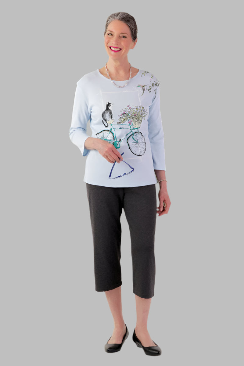 Cotton/Poly Knit Capri Pants for women by Buck & Buck in charcoal, and available in different sizes. This bottoms item is part of our trousers collection.