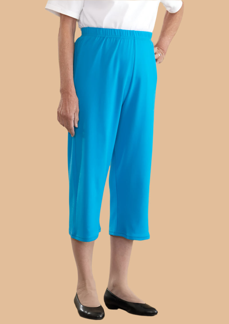 Cotton/Poly Knit Capri Pants for women by Buck & Buck in turquoise, and available in different sizes. This bottoms item is part of our trousers collection.