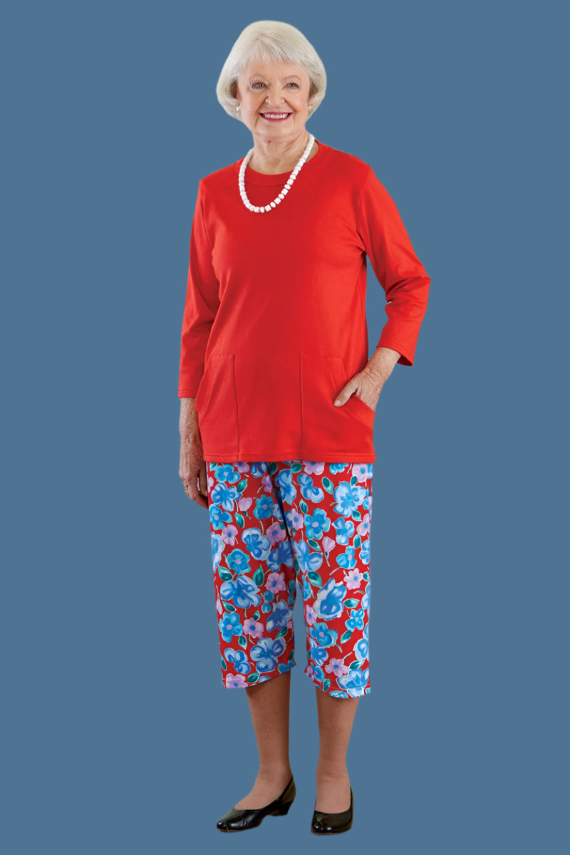 Printed Capri Knit Pants for women by Buck & Buck in Red, and available in different sizes. This bottoms item is part of our trousers collection.
