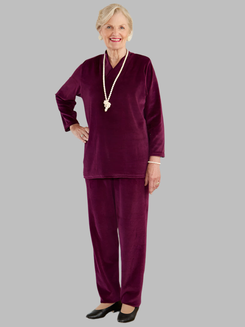 Women's Traditional Shawl Collar Velour Set by Buck & Buck in Burgundy, and available in different sizes. This one-piece garments item is part of our outfit sets collection.
