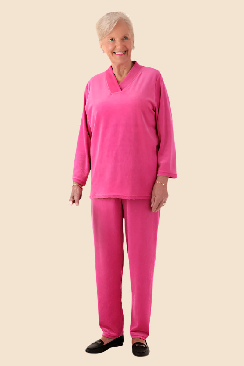 Women's Traditional Shawl Collar Velour Set by Buck & Buck in Fuchsia, and available in different sizes. This one-piece garments item is part of our outfit sets collection.