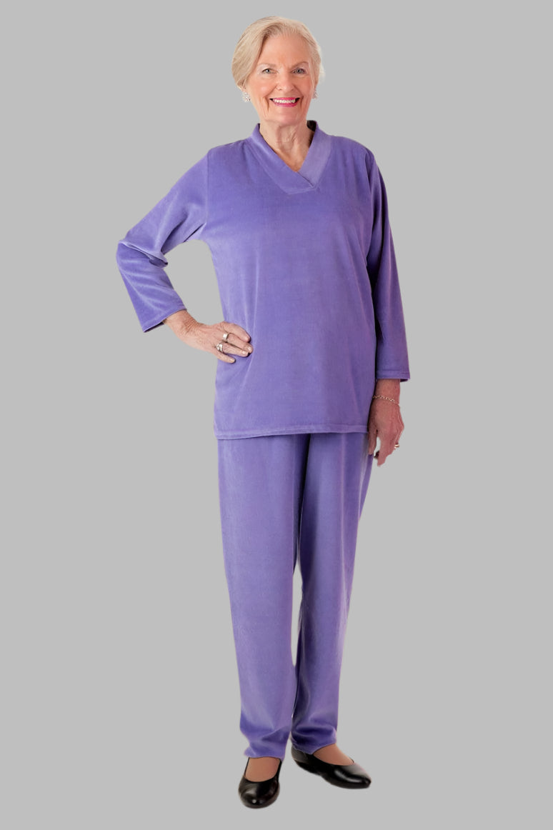 Women's Traditional Shawl Collar Velour Set by Buck & Buck in Purple, and available in different sizes. This one-piece garments item is part of our outfit sets collection.