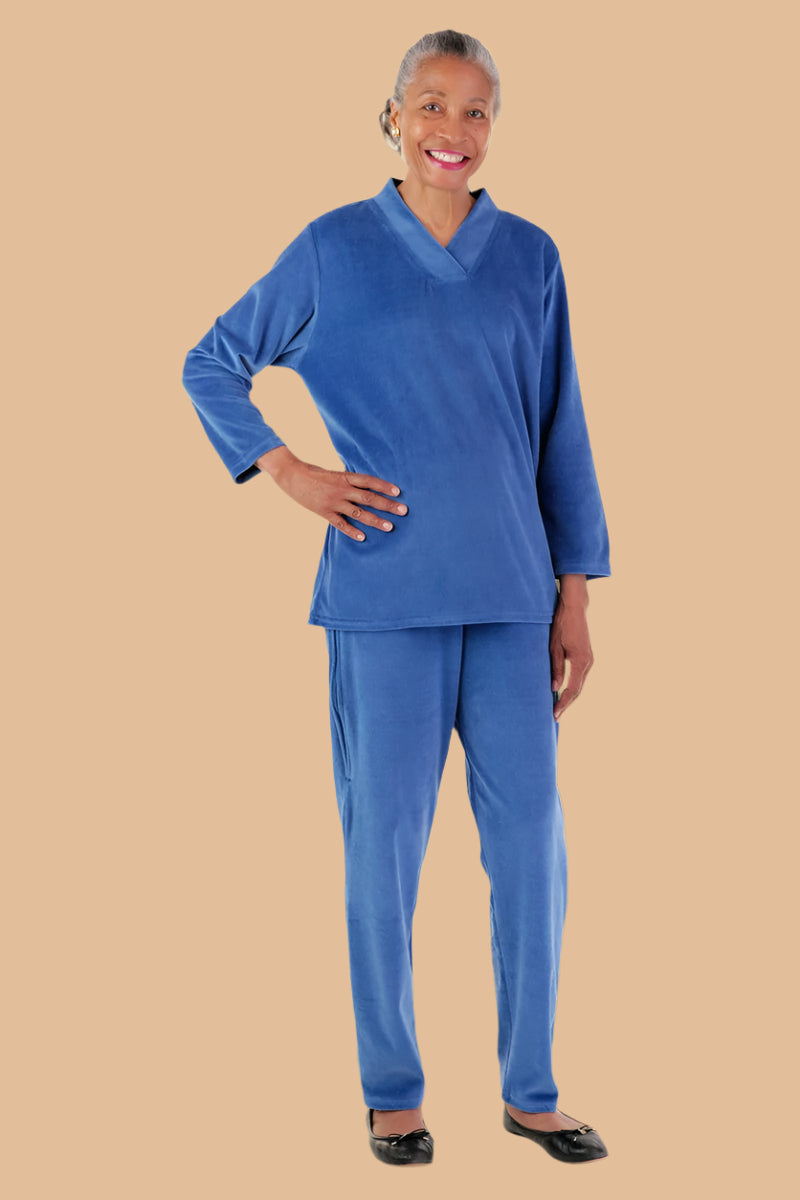 Women's Traditional Shawl Collar Velour Set by Buck & Buck in Royal, and available in different sizes. This one-piece garments item is part of our outfit sets collection.