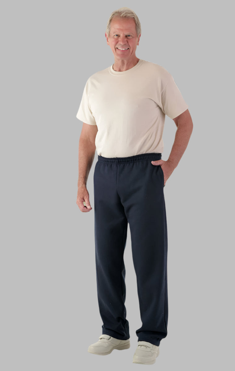 Men's Open Cuff Sweatpants by Buck & Buck in Navy, and available in different sizes. This bottoms item is part of our sweatpants collection.