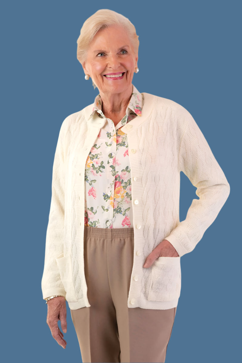 Cardigan Sweater With Pockets for women by Buck & Buck in White, and available in different sizes. This tops item is part of our cardigans collection.