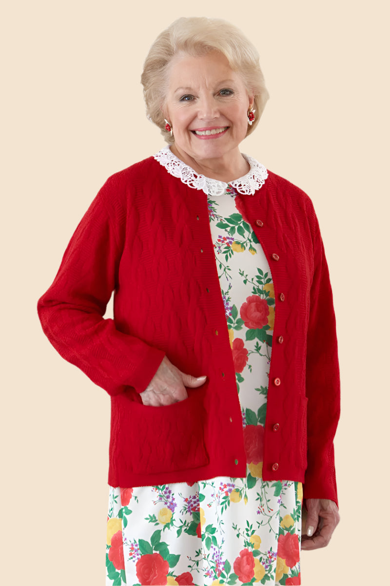 Cardigan Sweater With Pockets for women by Buck & Buck in Red, and available in different sizes. This tops item is part of our cardigans collection.