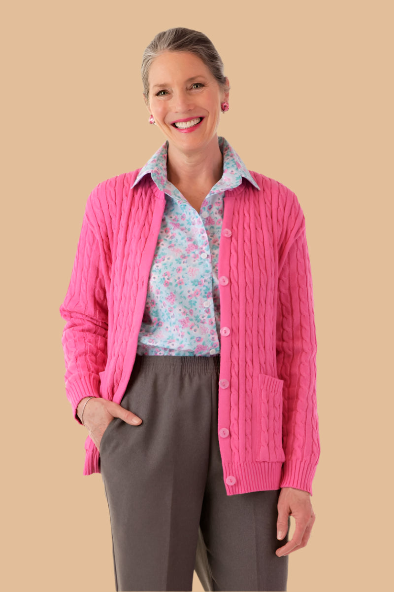 Cotton Cardigan Sweater With Pockets for women by Buck & Buck in Pink, and available in different sizes. This tops item is part of our cardigans collection.