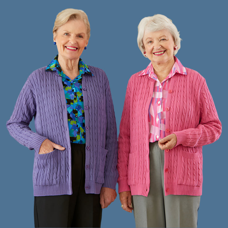 Cotton Cardigan Sweater With Pockets for women by Buck & Buck in Fuchsia, and available in different sizes. This tops item is part of our cardigans collection.