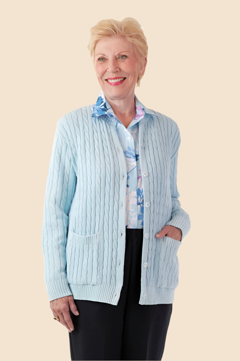 Cotton Cardigan Sweater With Pockets for women by Buck & Buck in Light Blue, and available in different sizes. This tops item is part of our cardigans collection.
