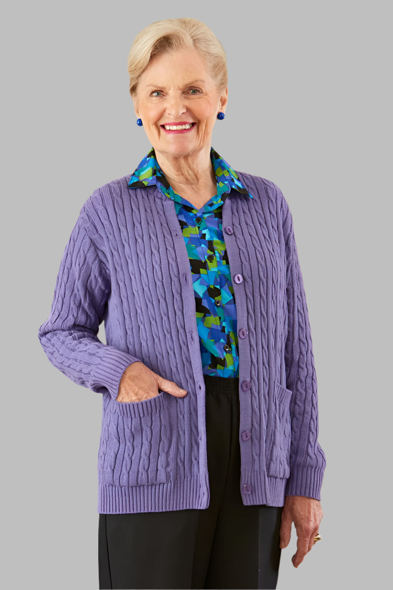 Cotton Cardigan Sweater With Pockets for women by Buck & Buck in Purple, and available in different sizes. This tops item is part of our cardigans collection.