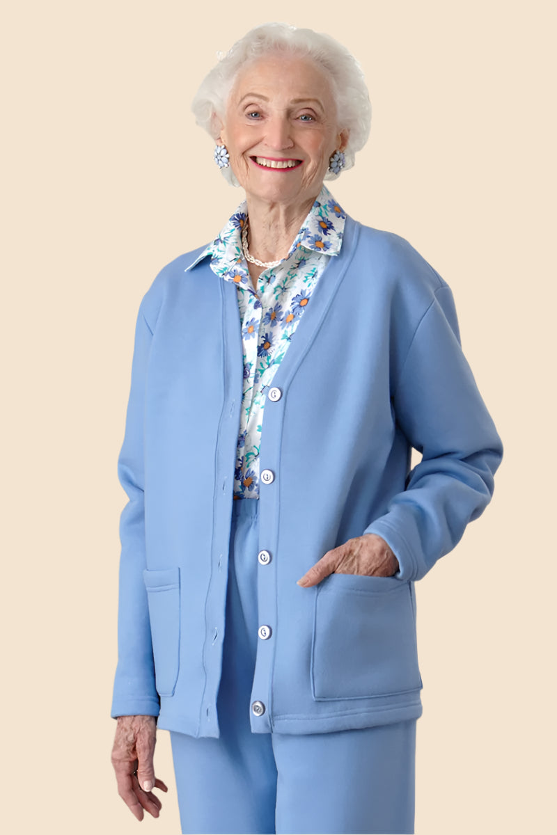 V-Neck Fleece Cardigan for women by Buck & Buck in Medium Blue, and available in different sizes. This tops item is part of our cardigans collection.