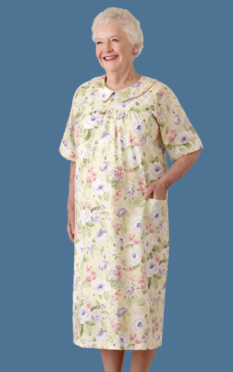 Short Sleeve Snap Back Duster for women by Buck & Buck in Yellow, and available in different sizes. This sleepwear item is part of our nightgowns collection.