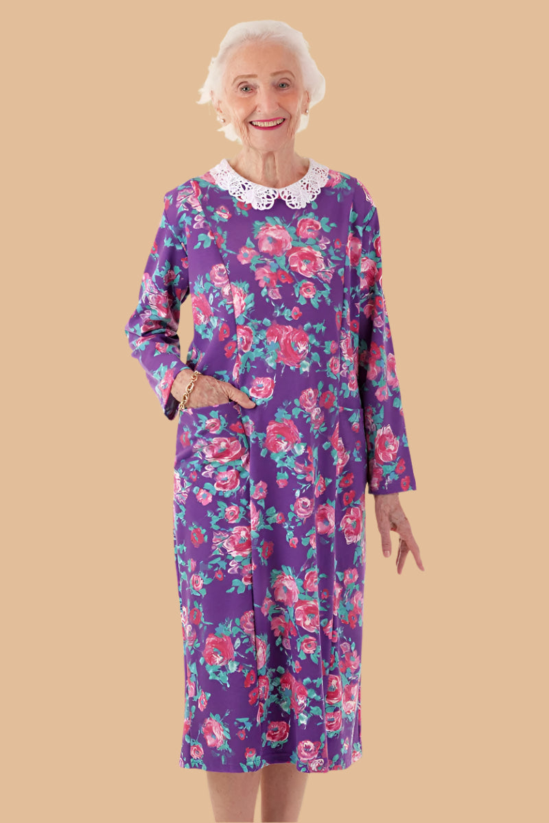 Printed Lace Collar Knit Snap Back Dress for women by Buck & Buck in Purple, and available in different sizes. This dresses & skirts item is part of our dresses collection.