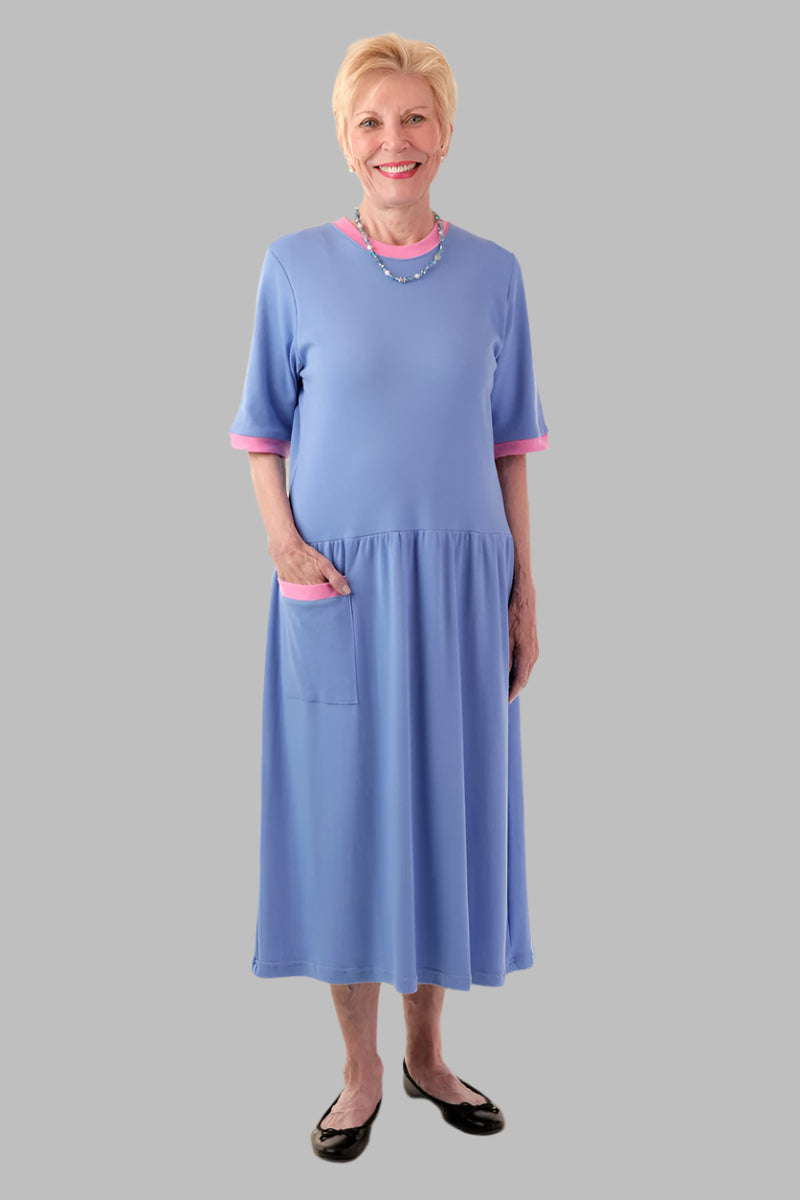 Short Sleeve Solid Knit Snap Back Dress for women by Buck & Buck in Medium Blue, and available in different sizes. This bottoms item is part of our dresses collection.
