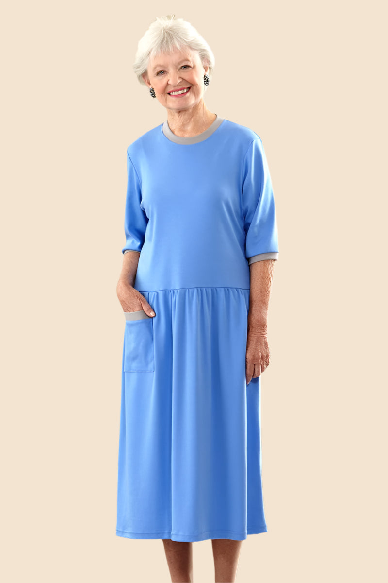 Short Sleeve Solid Knit Snap Back Dress for women by Buck & Buck in Medium Blue, and available in different sizes. This bottoms item is part of our dresses collection.