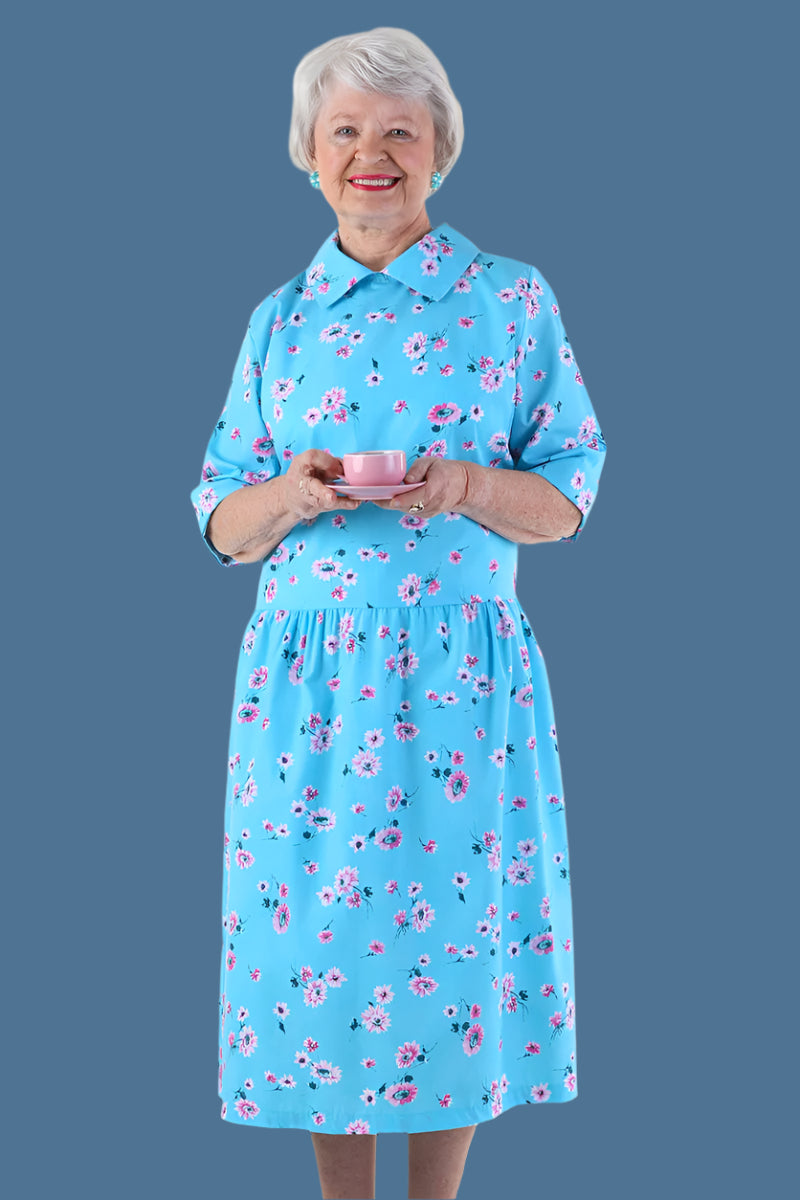 3/4 Sleeve Drop Waist Snap Back Duster for women by Buck & Buck in Blue, and available in different sizes. This sleepwear item is part of our nightgowns collection.