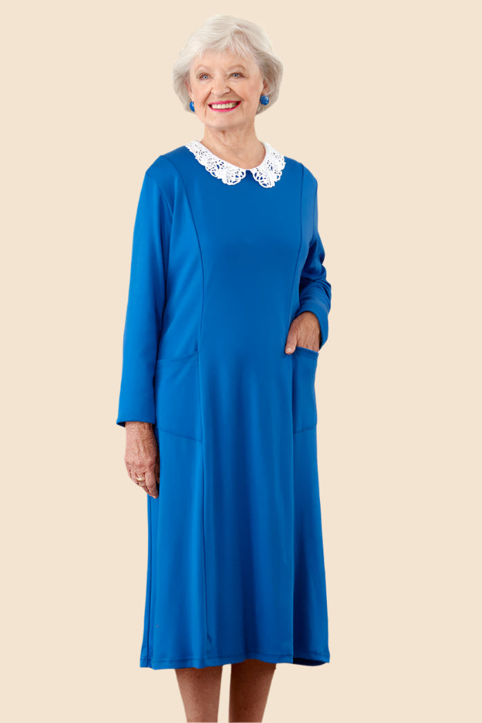 Lace Collar Knit Snap Back Dress for women by Buck & Buck in Blue, and available in different sizes. This dresses & skirts item is part of our dresses collection.