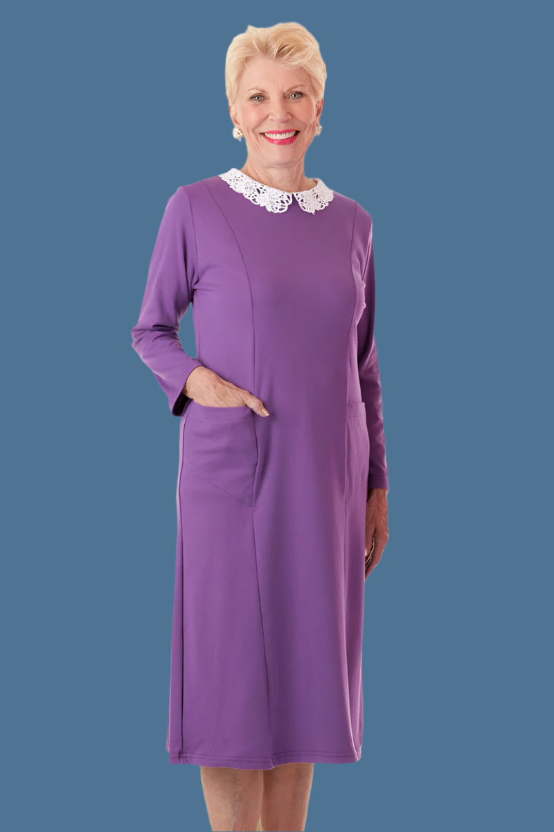 Lace Collar Knit Snap Back Dress for women by Buck & Buck in Purple, and available in different sizes. This dresses & skirts item is part of our dresses collection.