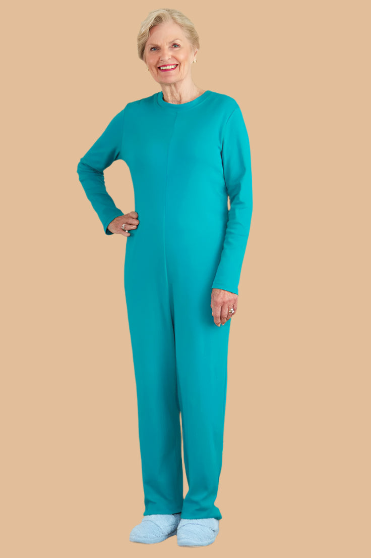 Long Solid Back-Zip Sleep Suit for women by Buck & Buck in Turquoise, and available in different sizes. This one-piece garments item is part of our sleepwear & loungewear collection.