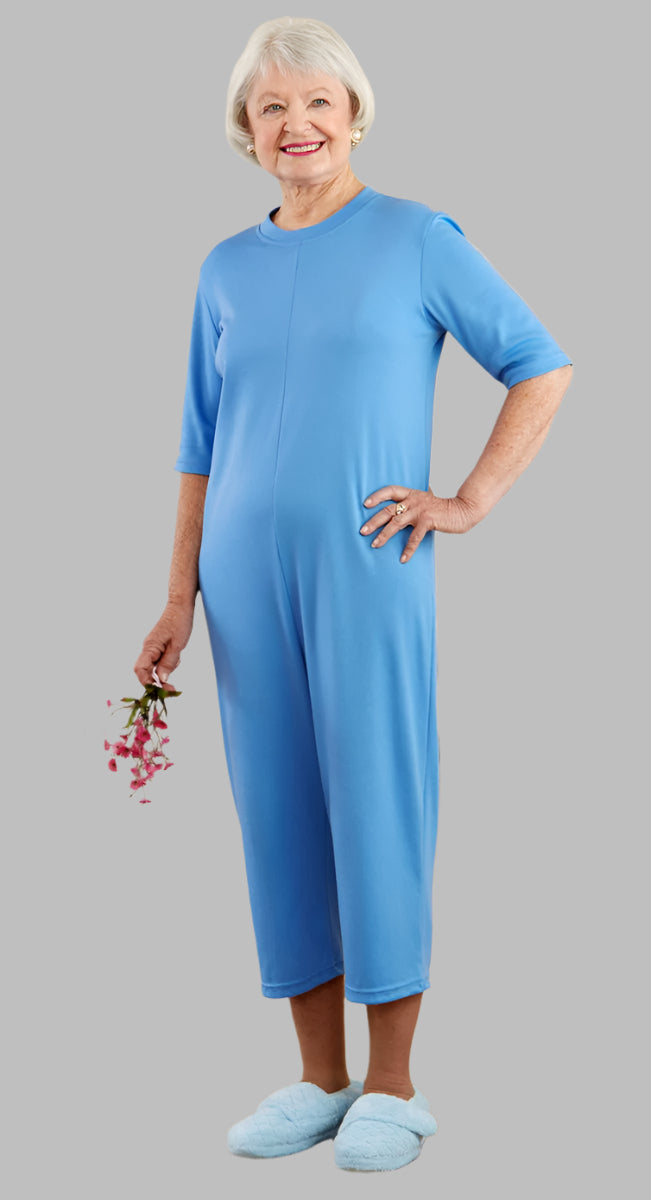 Capri Length Solid Back-Zip Sleep Suit for women by Buck & Buck in Blue, and available in different sizes. This one-piece garments item is part of our sleepwear & loungewear collection.
