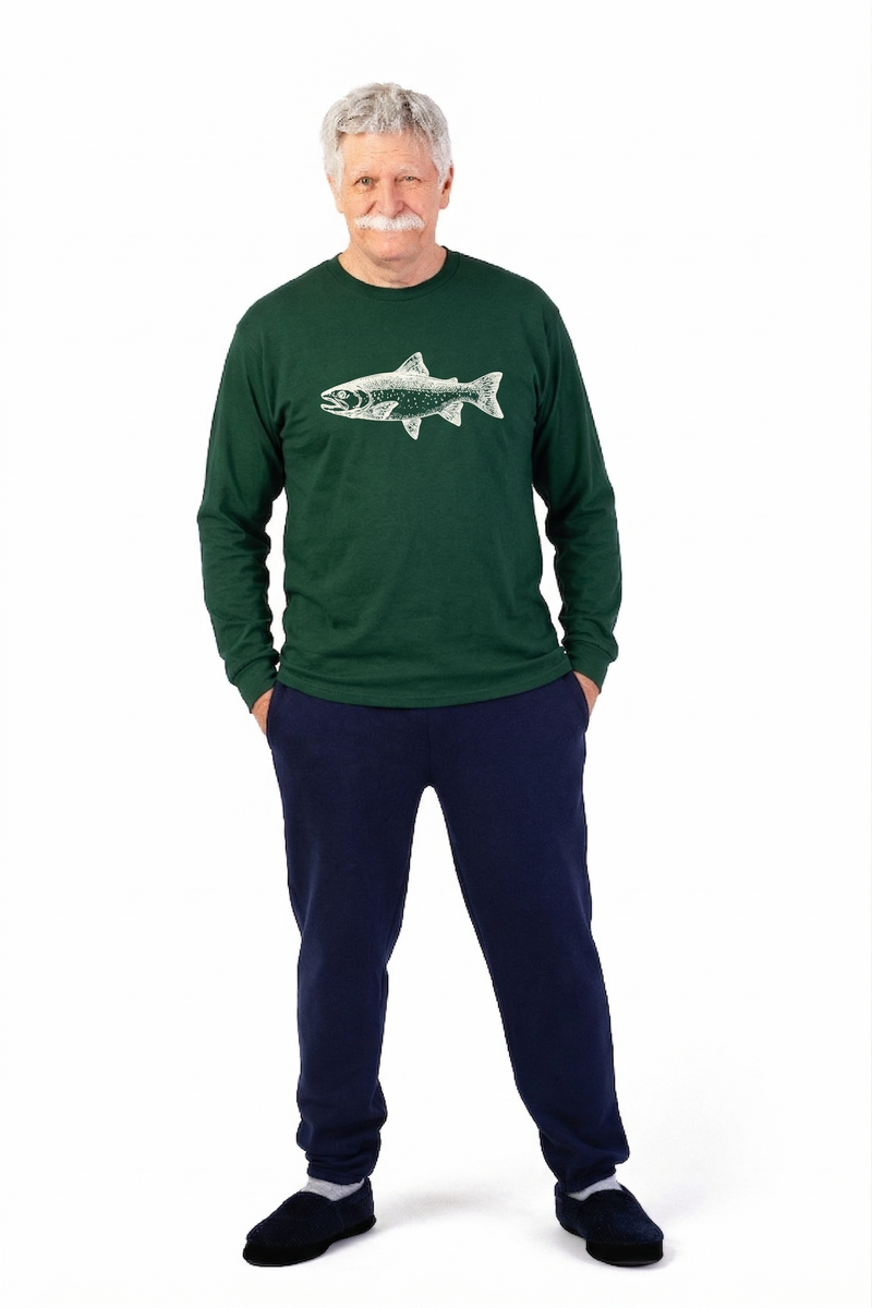 Men's Printed Long Sleeve tee shirt by Buck & Buck in green with fish Print and available in different sizes. This tops item is part of our t-shirts collection.