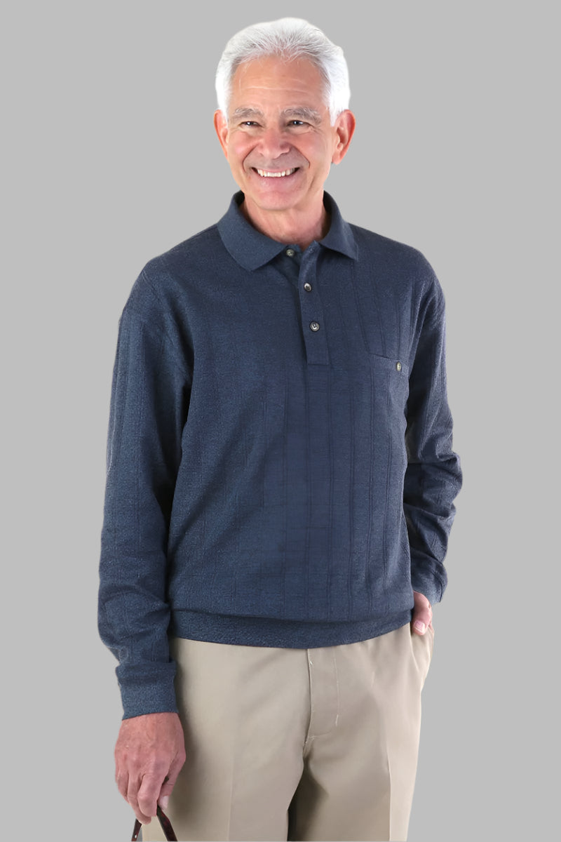 Men's Long Sleeve Banded Polo Shirt by Buck & Buck in Navy, and available in different sizes. This tops item is part of our polos collection.