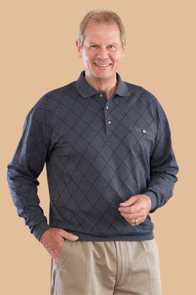 Men's Long Sleeve Banded Polo Shirt by Buck & Buck in Navy, and available in different sizes. This tops item is part of our polos collection.