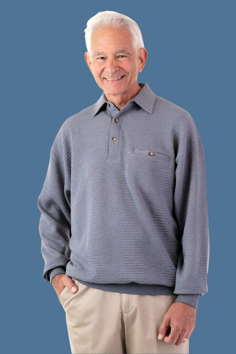 Men's Long Sleeve Banded Polo Shirt by Buck & Buck in Tan/Beige, and available in different sizes. This tops item is part of our polos collection.