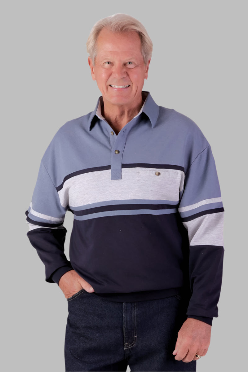 Men's Long Sleeve Banded Polo Shirt by Buck & Buck in Navy, and available in different sizes. This tops item is part of our polos collection.