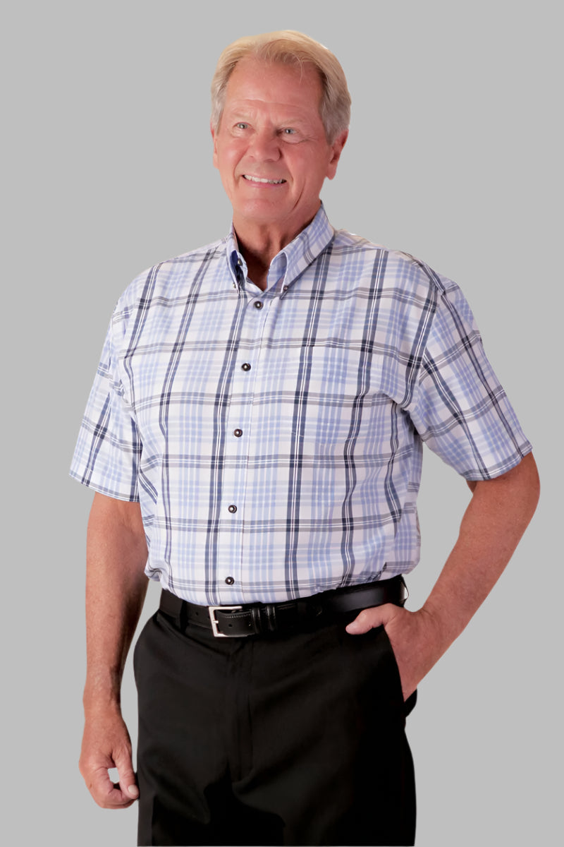 Men's Short-Sleeve Snap Back Sport Shirt by Buck & Buck in Tan/Beige, and available in different sizes. This tops item is part of our shirts collection.