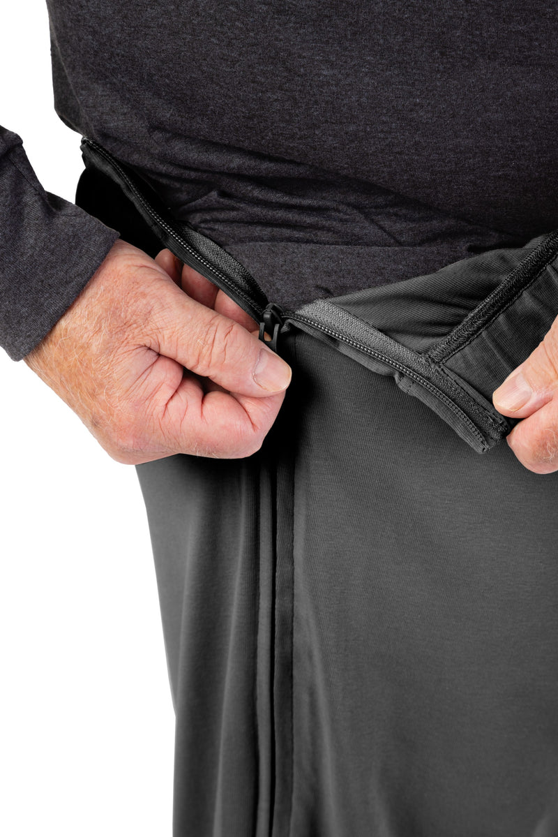 Men's Side Zip Knit Pants by Buck & Buck in Charcoal, and available in different sizes. This bottoms item is part of our trousers collection.