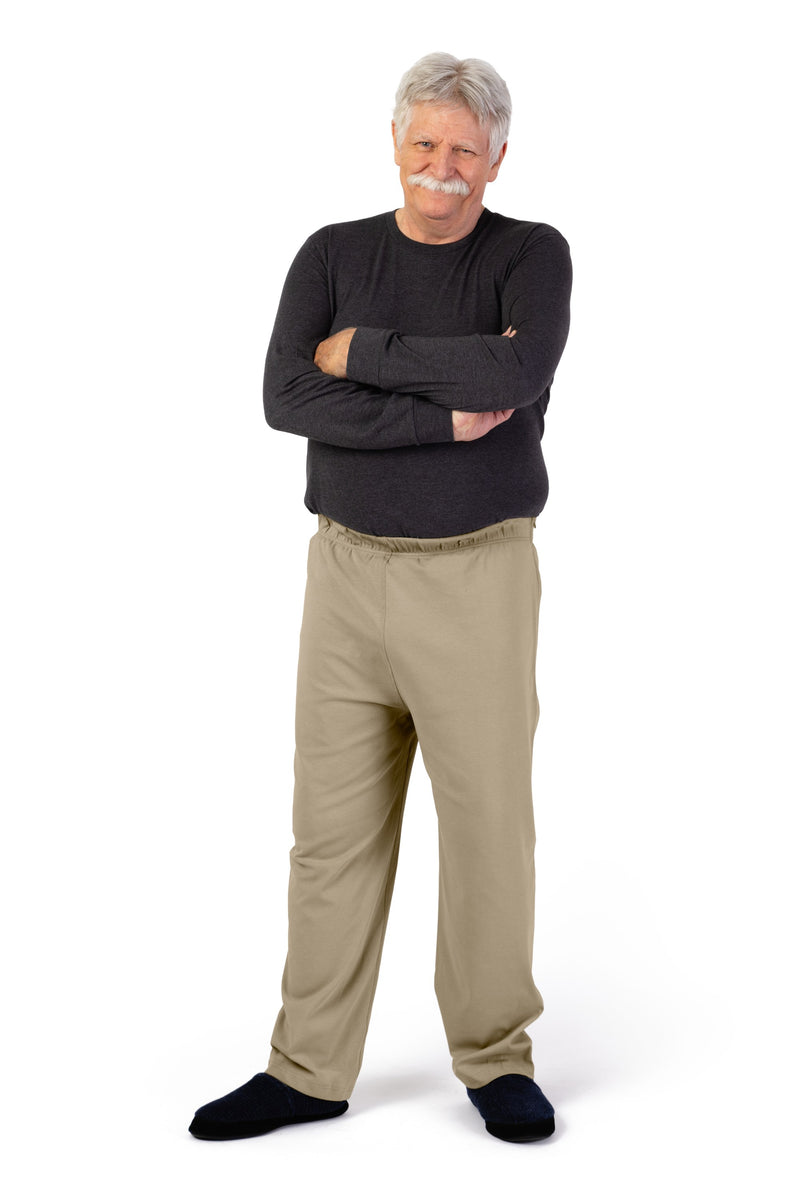 Men's Side Zip Knit Pants by Buck & Buck in Khaki, and available in different sizes. This bottoms item is part of our trousers collection.