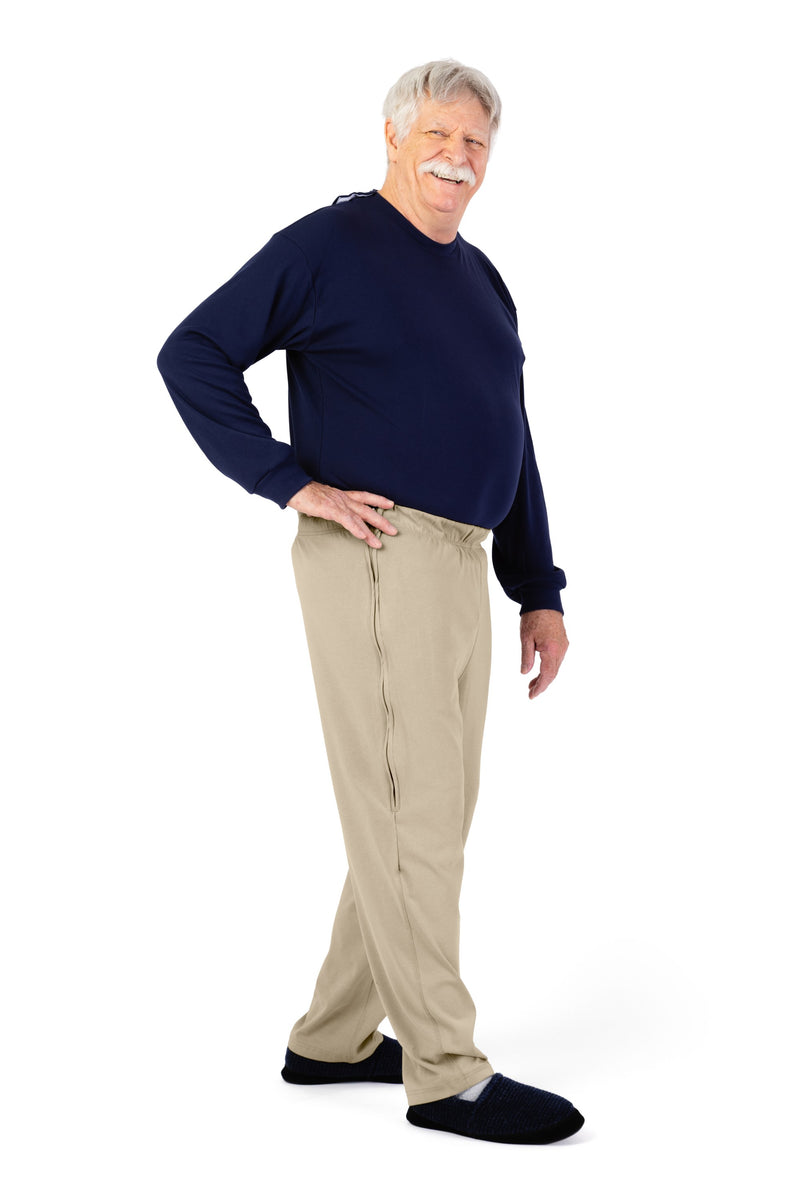 Men's Side Zip Knit Pants by Buck & Buck in Khaki, and available in different sizes. This bottoms item is part of our trousers collection.