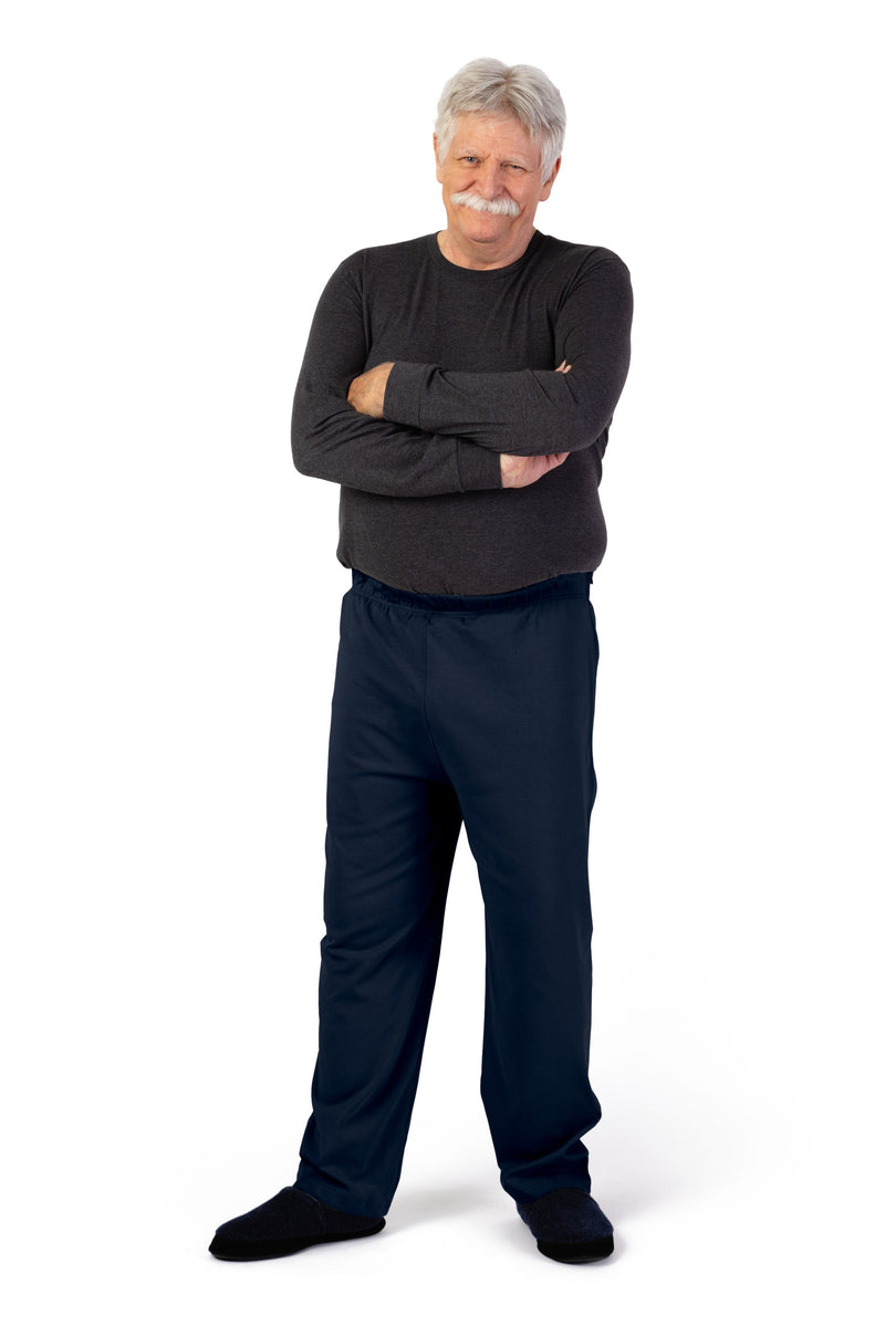 Men's Side Zip Knit Pants by Buck & Buck in Navy, and available in different sizes. This bottoms item is part of our trousers collection.