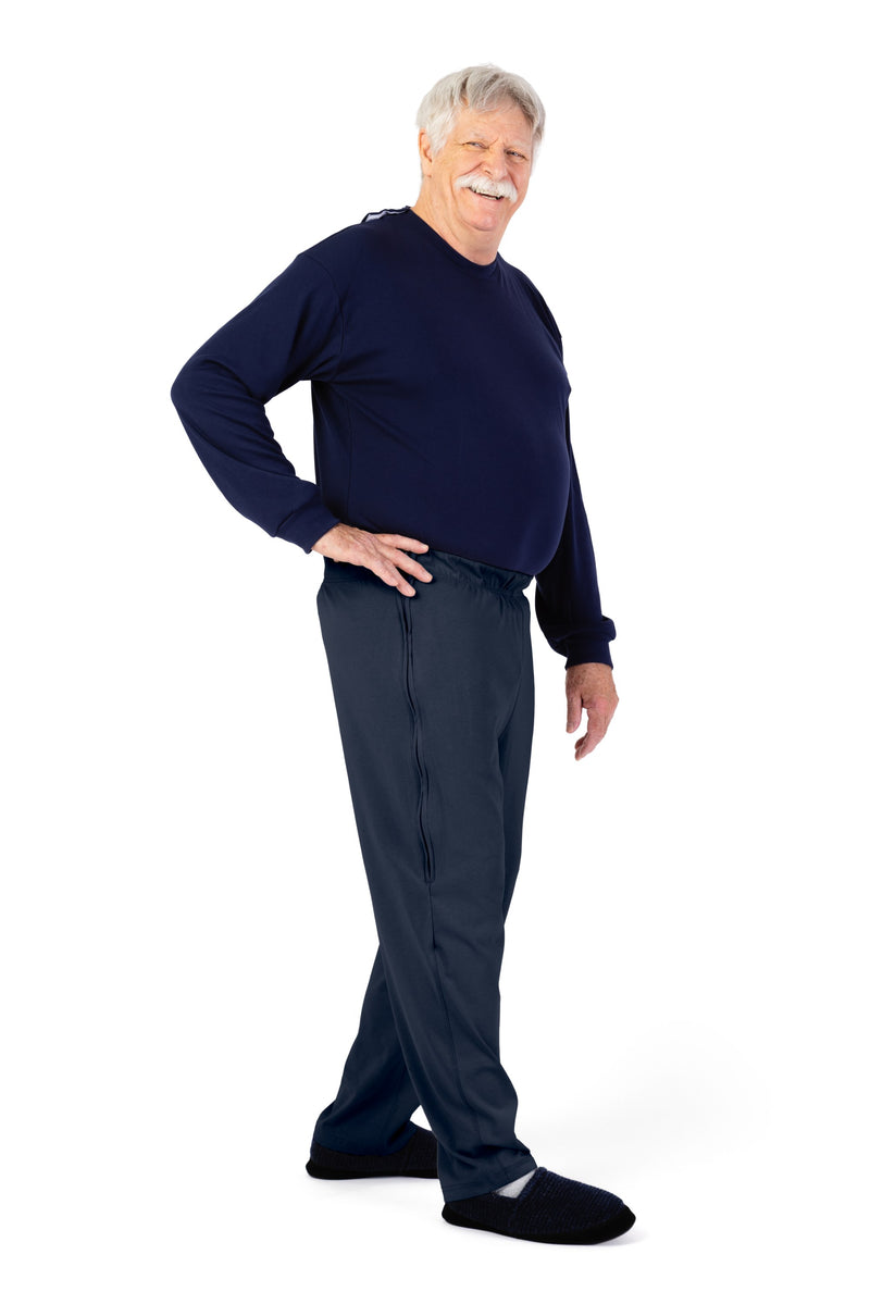 Men's Side Zip Knit Pants by Buck & Buck in Navy, and available in different sizes. This bottoms item is part of our trousers collection.