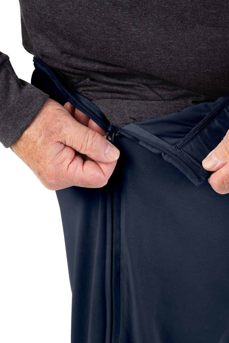 Men's Side Zip Knit Pants by Buck & Buck in Navy, and available in different sizes. This bottoms item is part of our trousers collection.