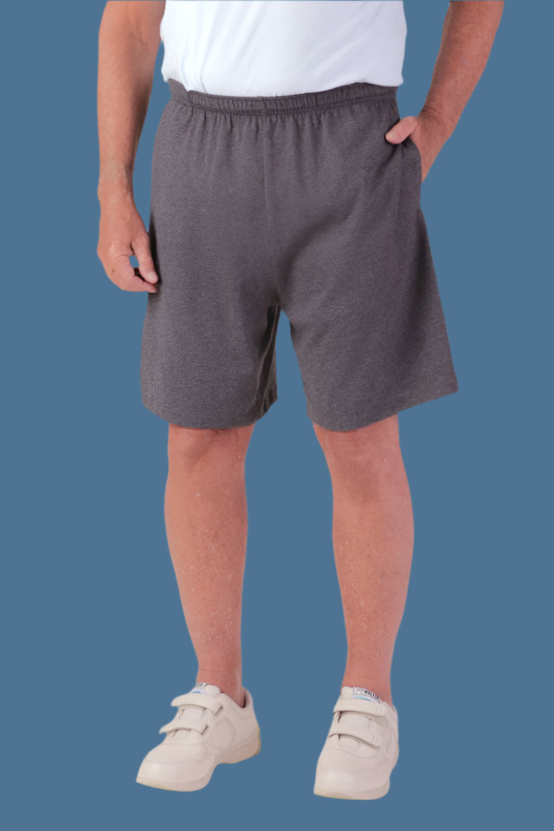 Men's Knit Shorts by Buck & Buck in gray, and available in different sizes. This bottoms item is part of our jogger shorts collection.