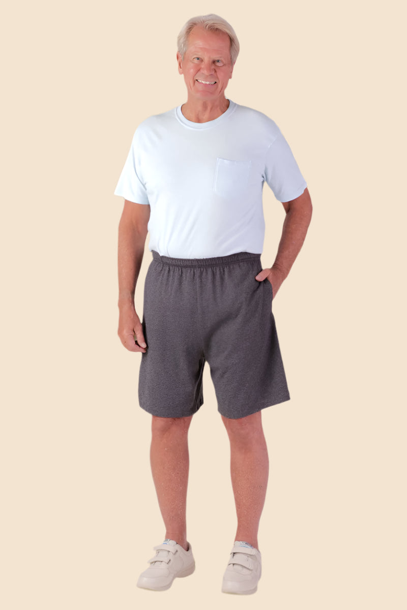 Men's Knit Shorts by Buck & Buck in gray, and available in different sizes. This bottoms item is part of our jogger shorts collection.