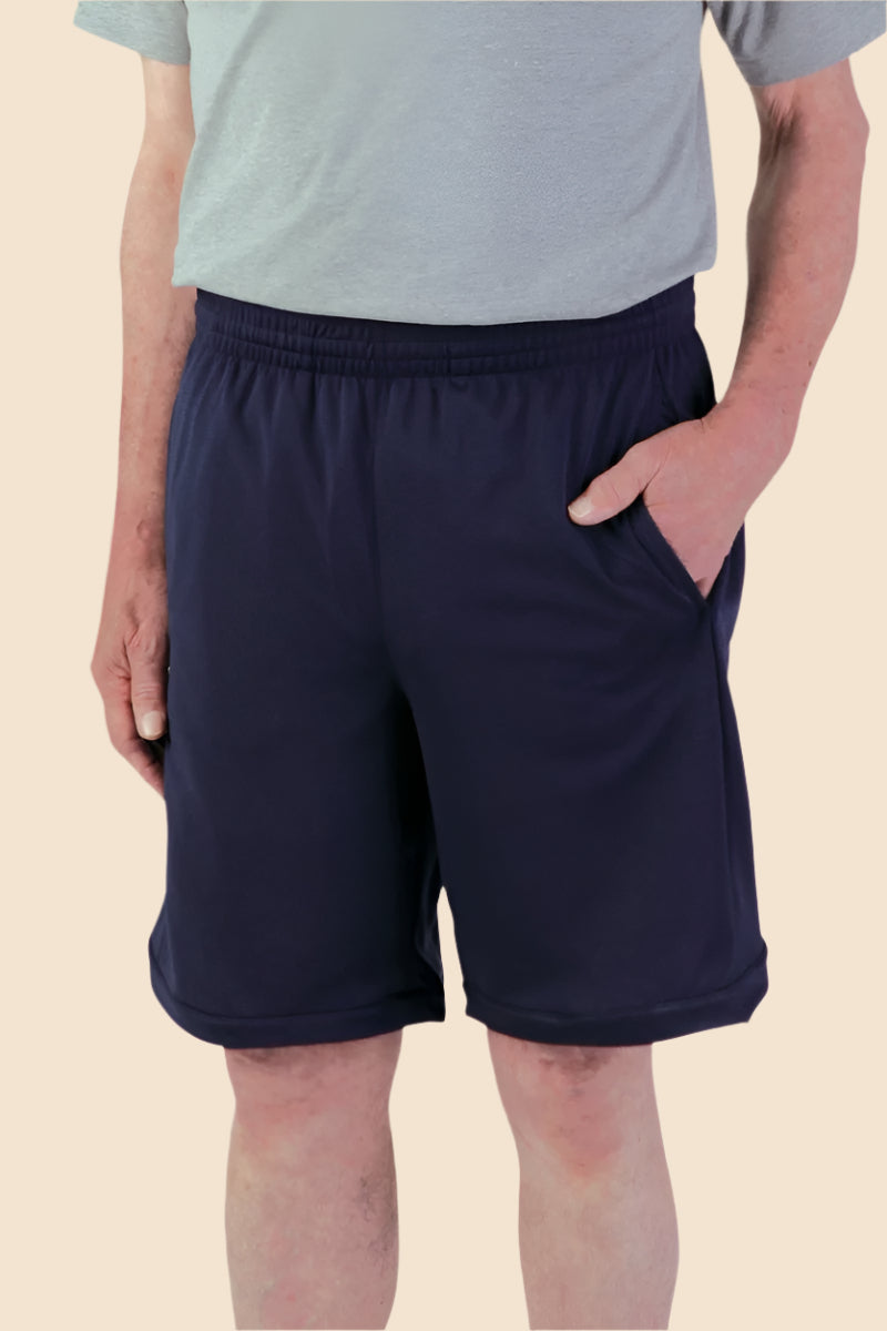 Men's Knit Shorts by Buck & Buck in navy, and available in different sizes. This bottoms item is part of our jogger shorts collection.