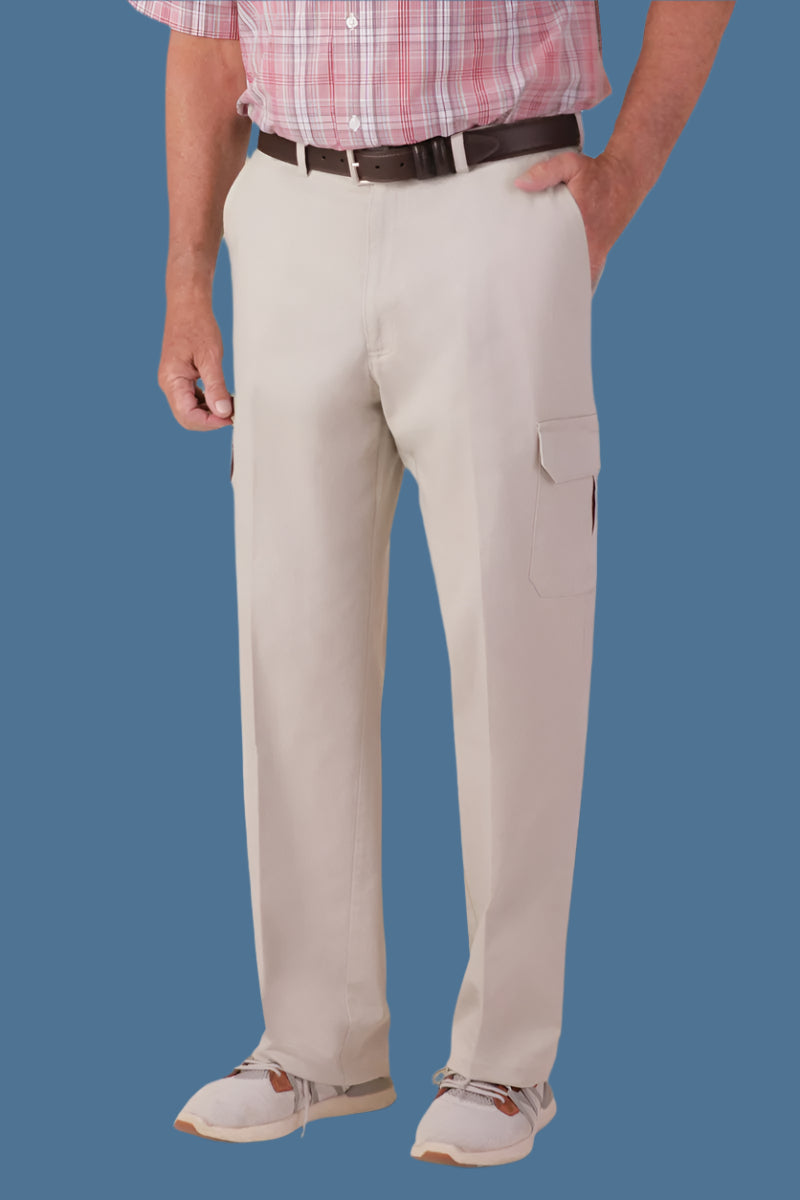 Stretch Cargo Pants With VELCRO® Fasteners Fly for men by Buck & Buck in Cream Waist Size Inseam (inches) 32, 42, 44 32'' 34 – 40 34'', and available in different sizes. This bottoms item is part of our cargo pants collection.