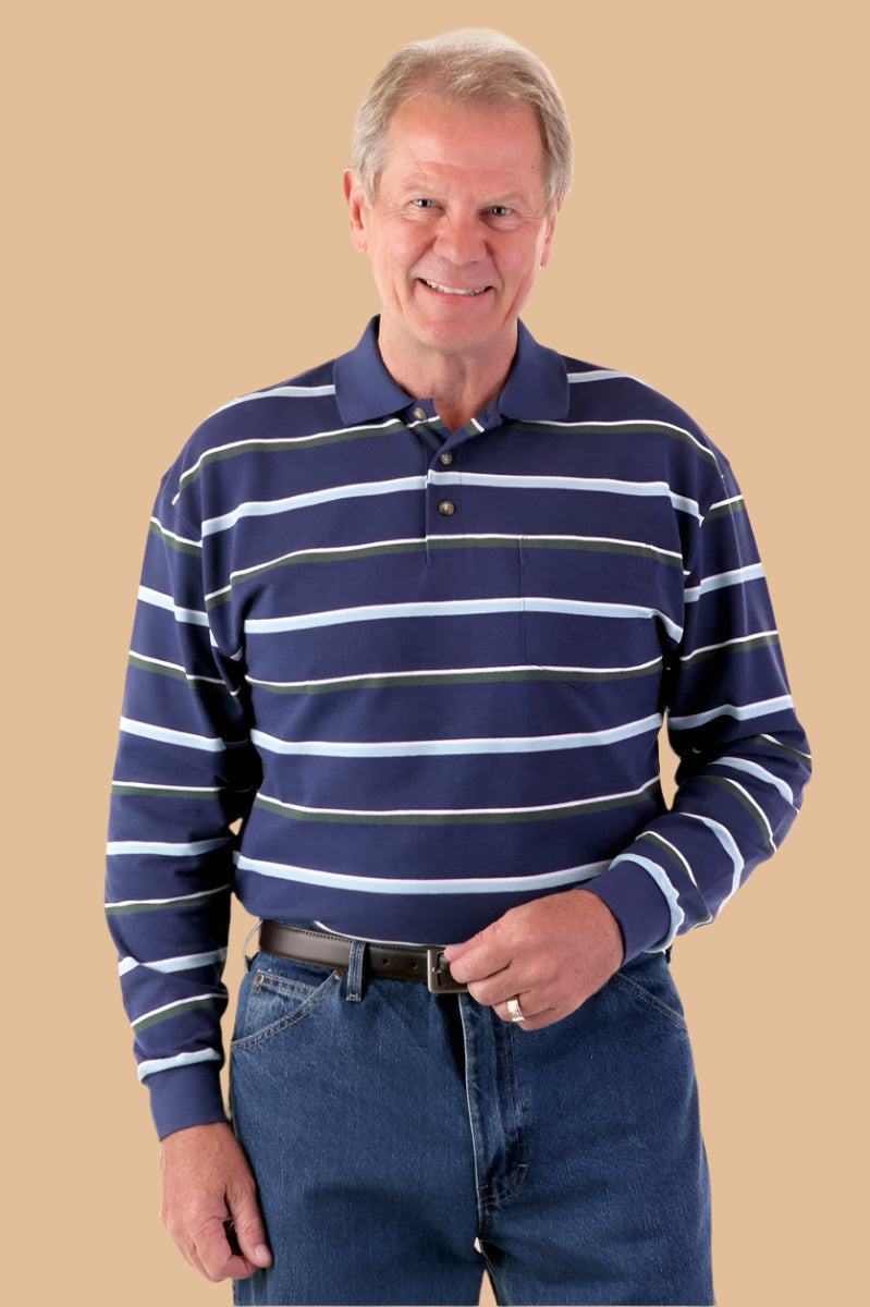 Men's Long-Sleeve Snap Back Polo Shirt by Buck & Buck in Blue, and available in different sizes. This tops item is part of our polos collection.