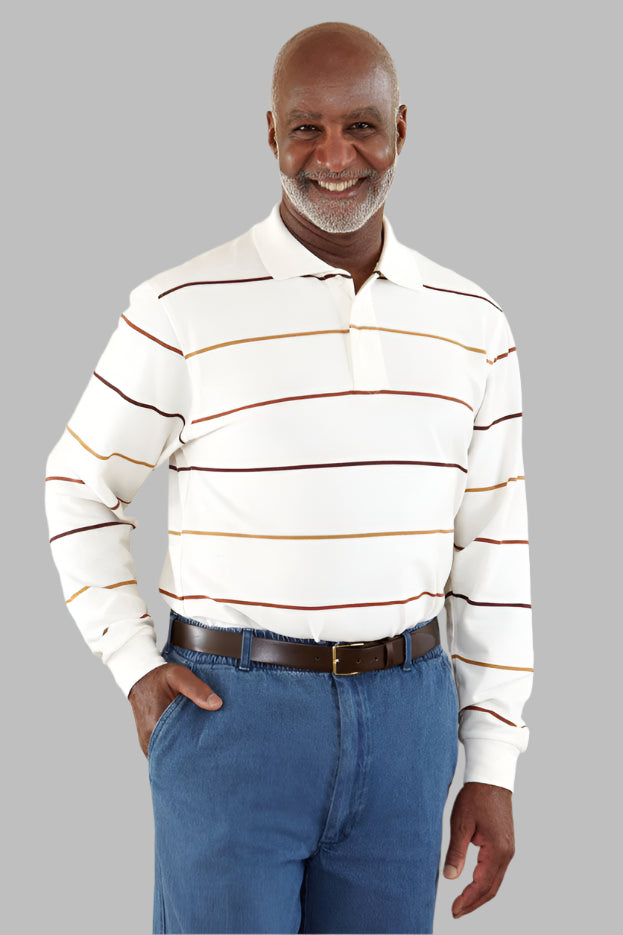 Men's Long-Sleeve Snap Back Polo Shirt by Buck & Buck in Tan/Beige, and available in different sizes. This tops item is part of our polos collection.