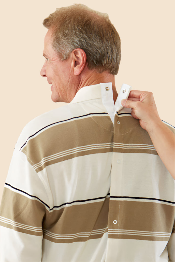 Men's Long-Sleeve Snap Back Polo Shirt by Buck & Buck in Tan/Beige, and available in different sizes. This tops item is part of our polos collection.