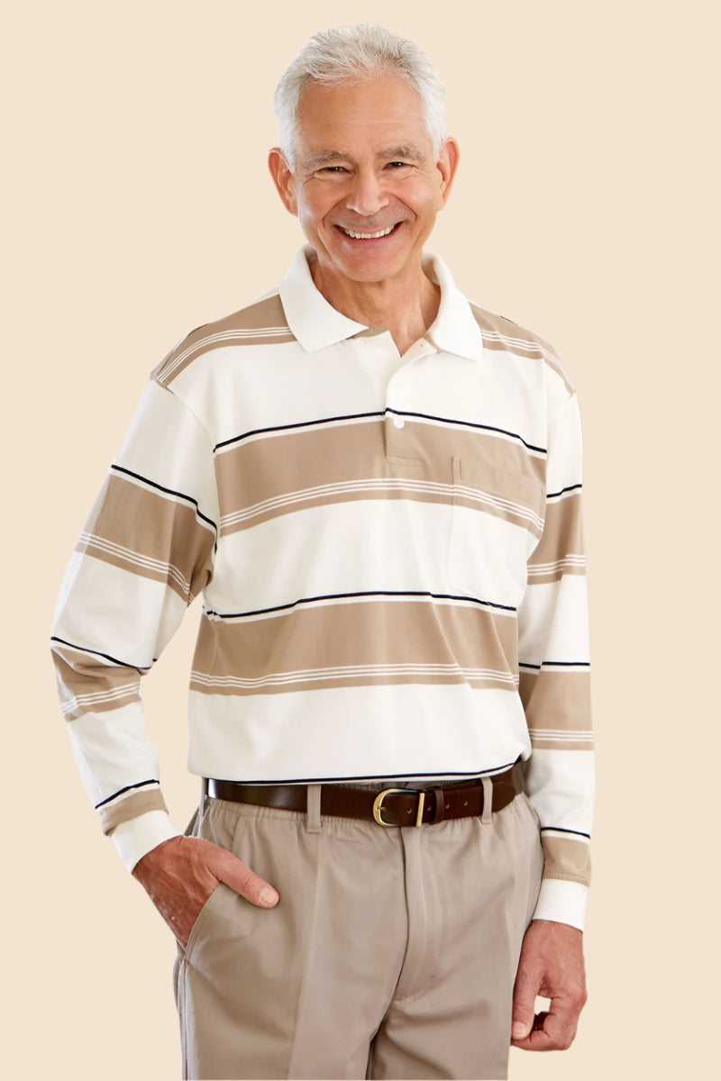 Men's Long-Sleeve Snap Back Polo Shirt by Buck & Buck in Tan/Beige, and available in different sizes. This tops item is part of our polos collection.