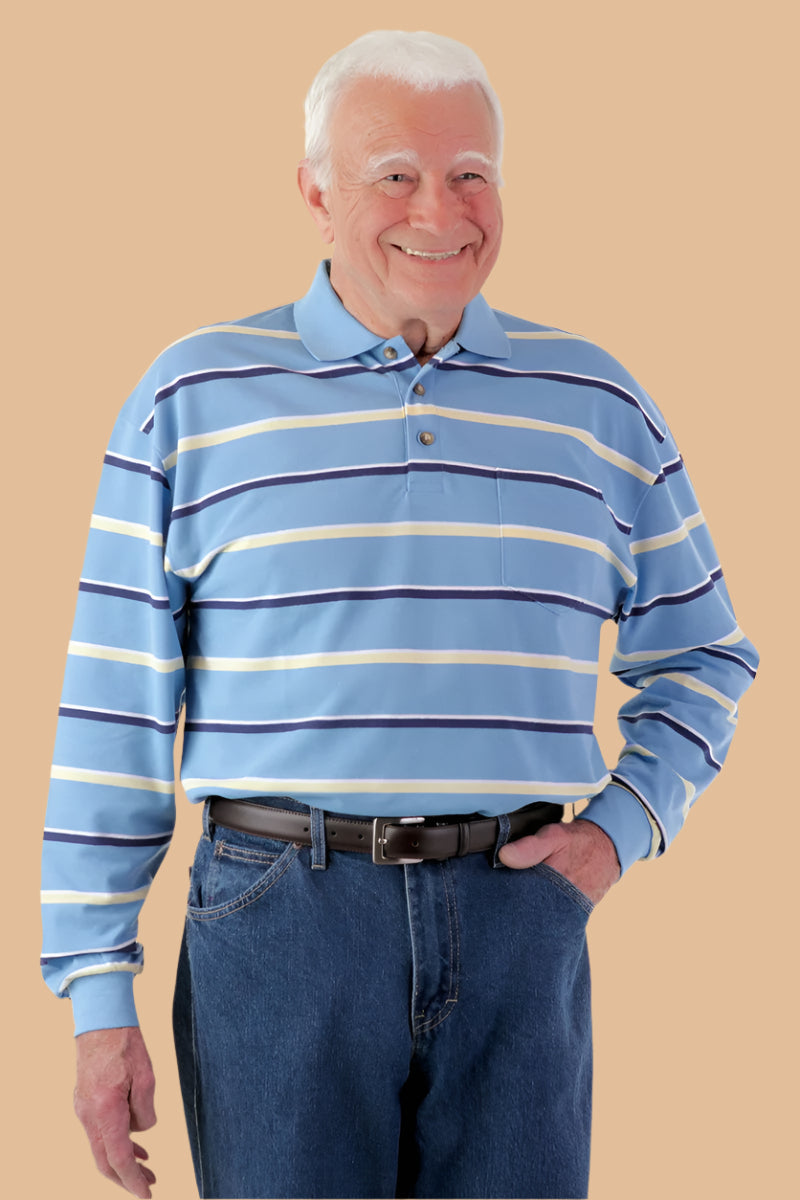 Men's Long-Sleeve Snap Back Polo Shirt by Buck & Buck in Black, and available in different sizes. This tops item is part of our polos collection.