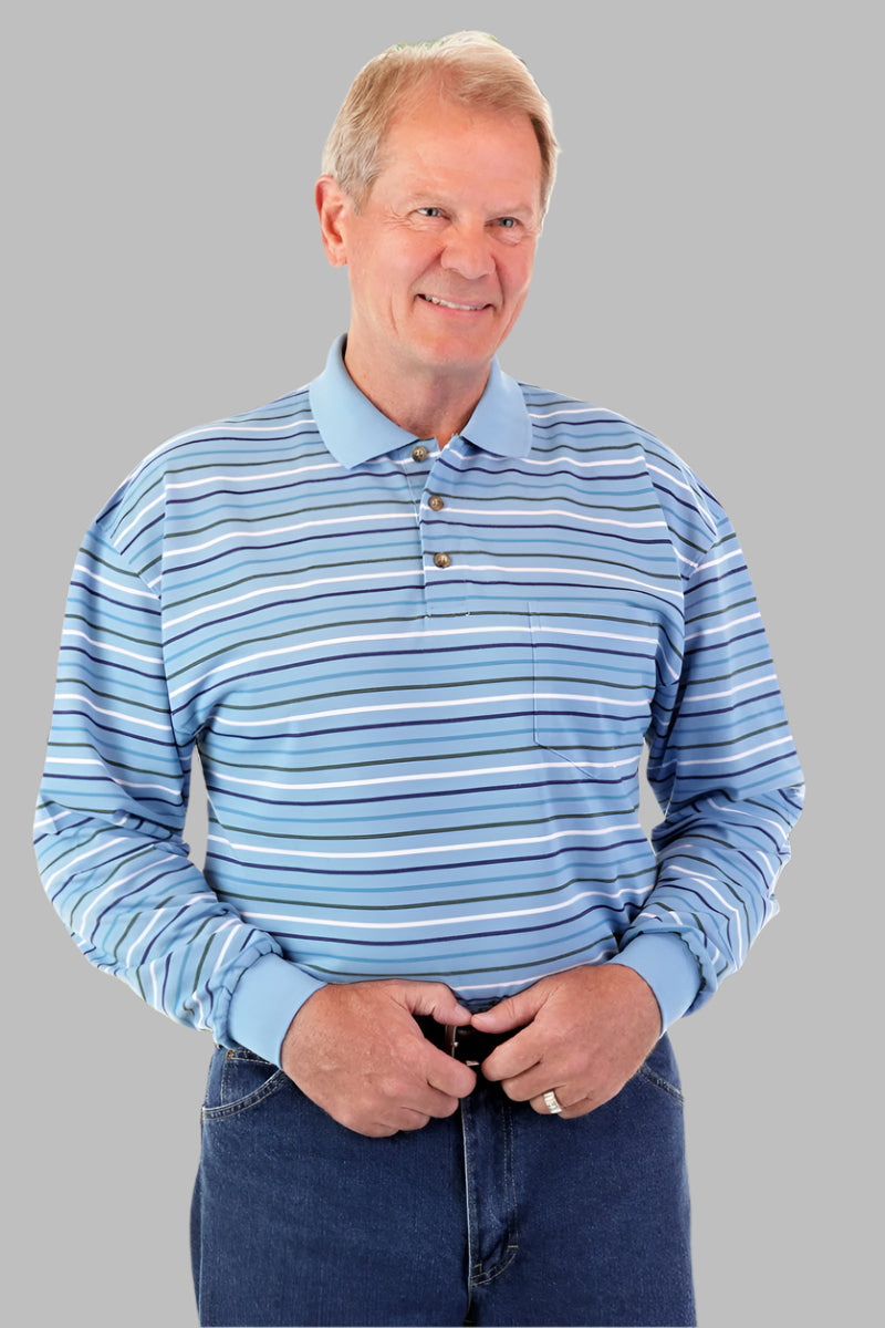 Men's Long-Sleeve Snap Back Polo Shirt by Buck & Buck, and available in different sizes. This tops item is part of our polos collection.