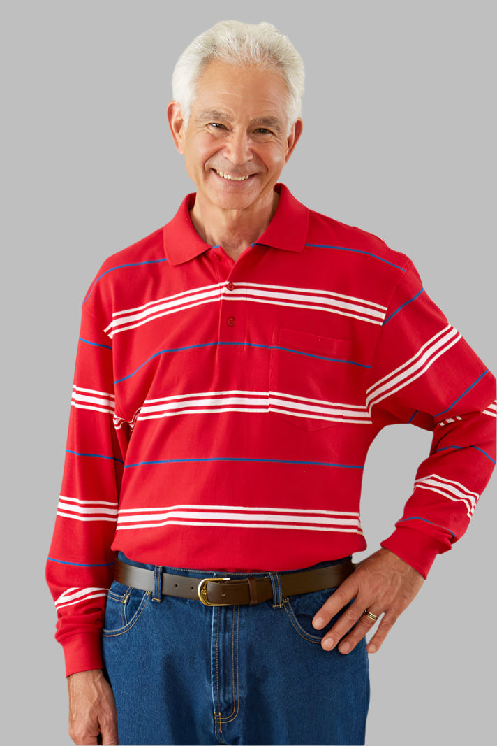 Men's Long-Sleeve Snap Back Polo Shirt by Buck & Buck in Red, and available in different sizes. This tops item is part of our polos collection.