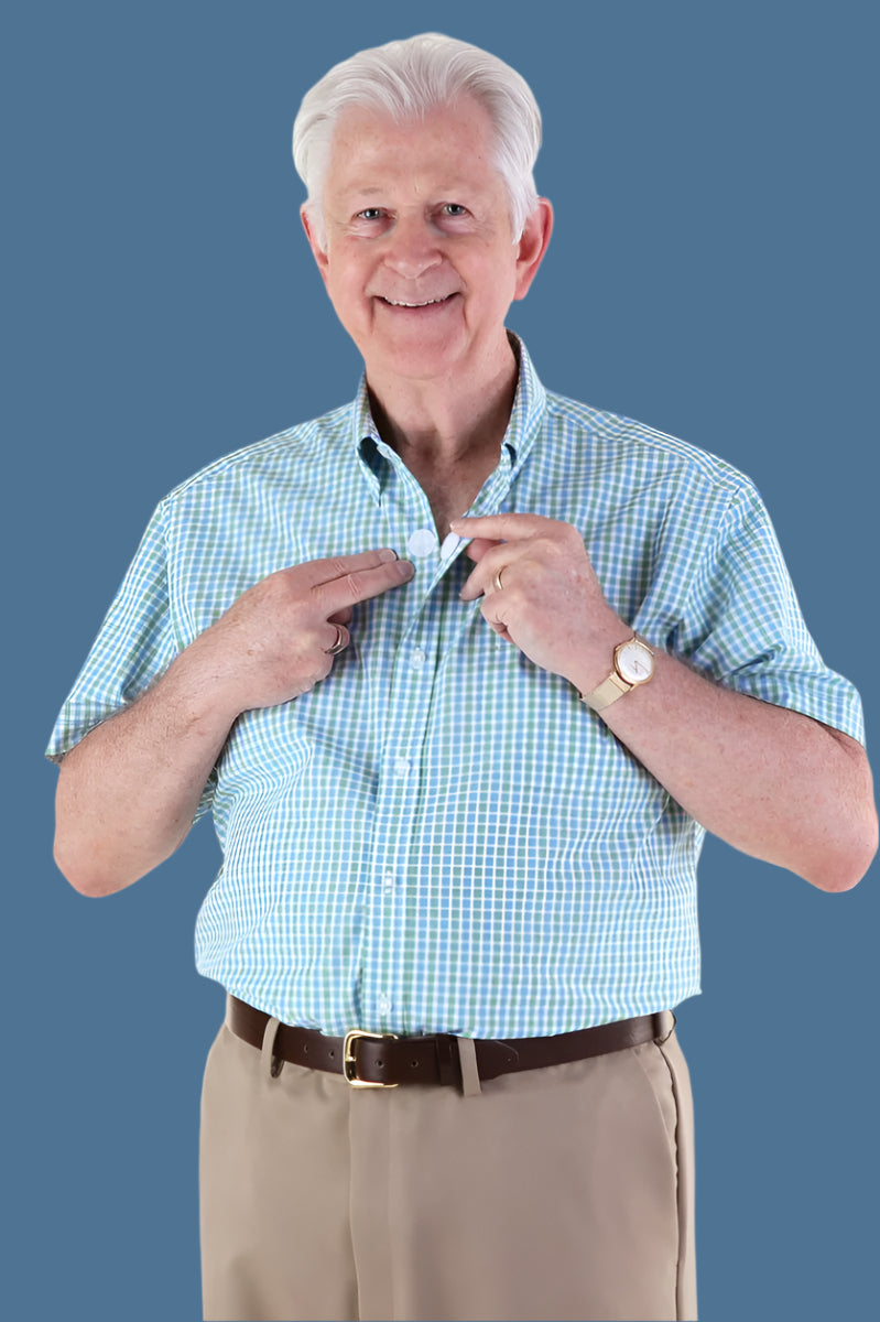 Short Sleeve Gingham Shirt With VELCRO® Fasteners for men by Buck & Buck in Gray, and available in different sizes. This tops item is part of our shirts collection.